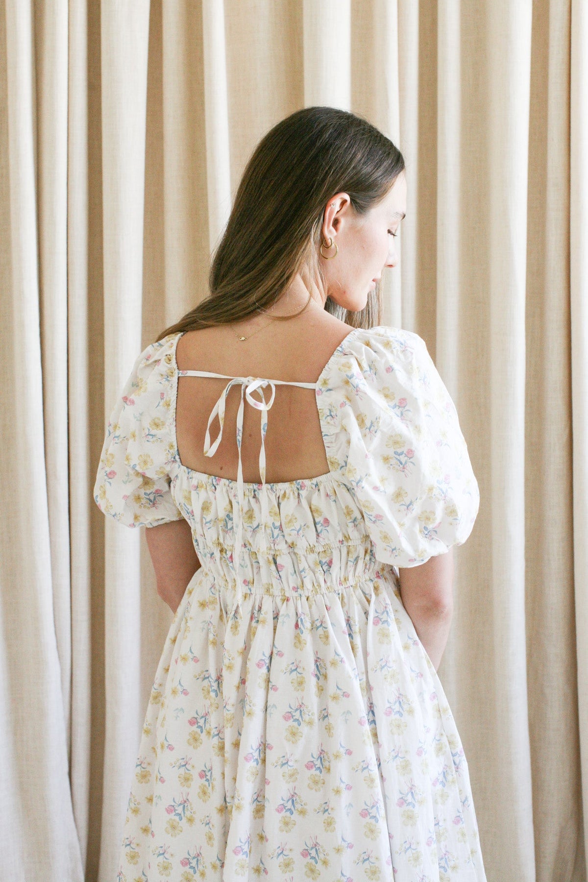 Floral Puff Sleeve Drawstring Midi Dress