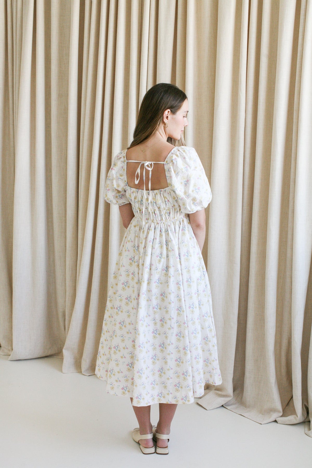 Floral Puff Sleeve Drawstring Midi Dress