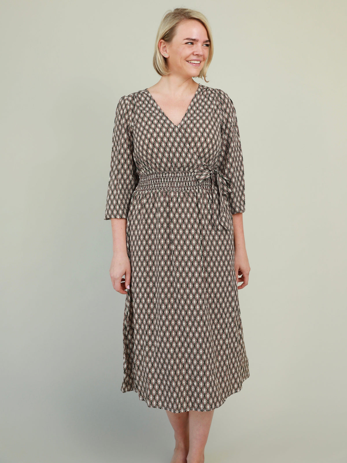 Printed Smocked Waist V-Neck Midi Dress