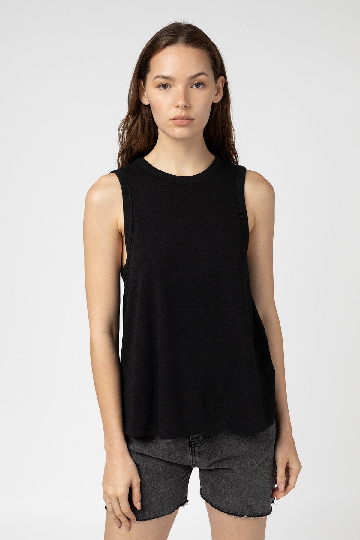 Round Neck Flare Hem Black Tank