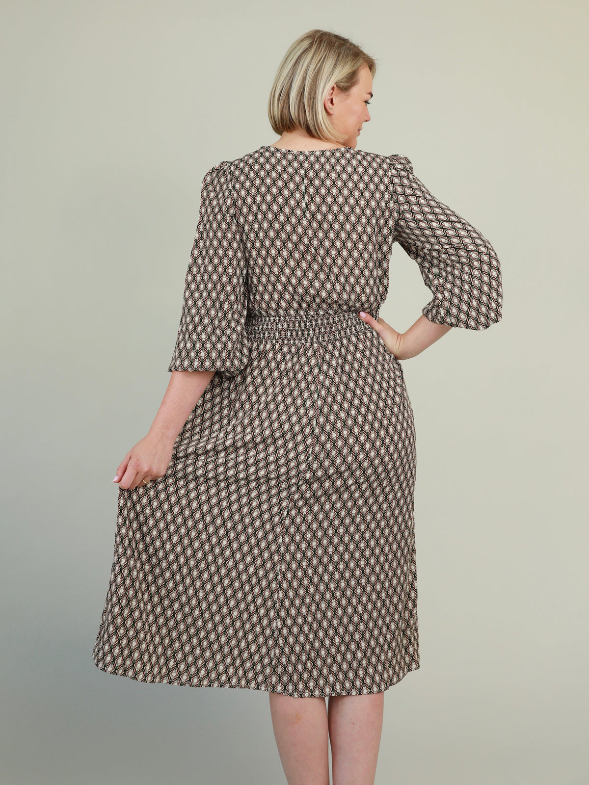 Printed Smocked Waist V-Neck Midi Dress