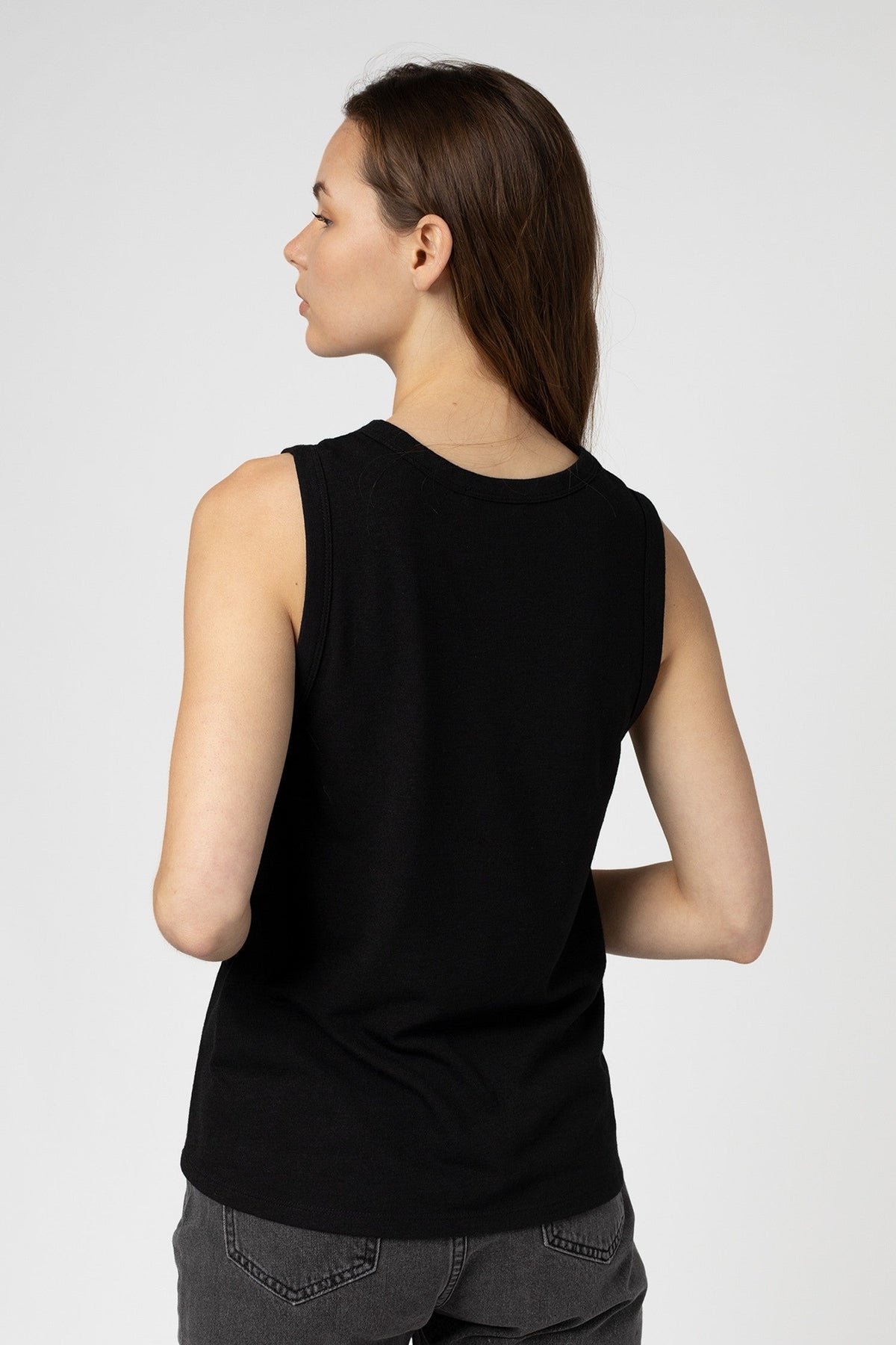Round Neck Flare Hem Black Tank