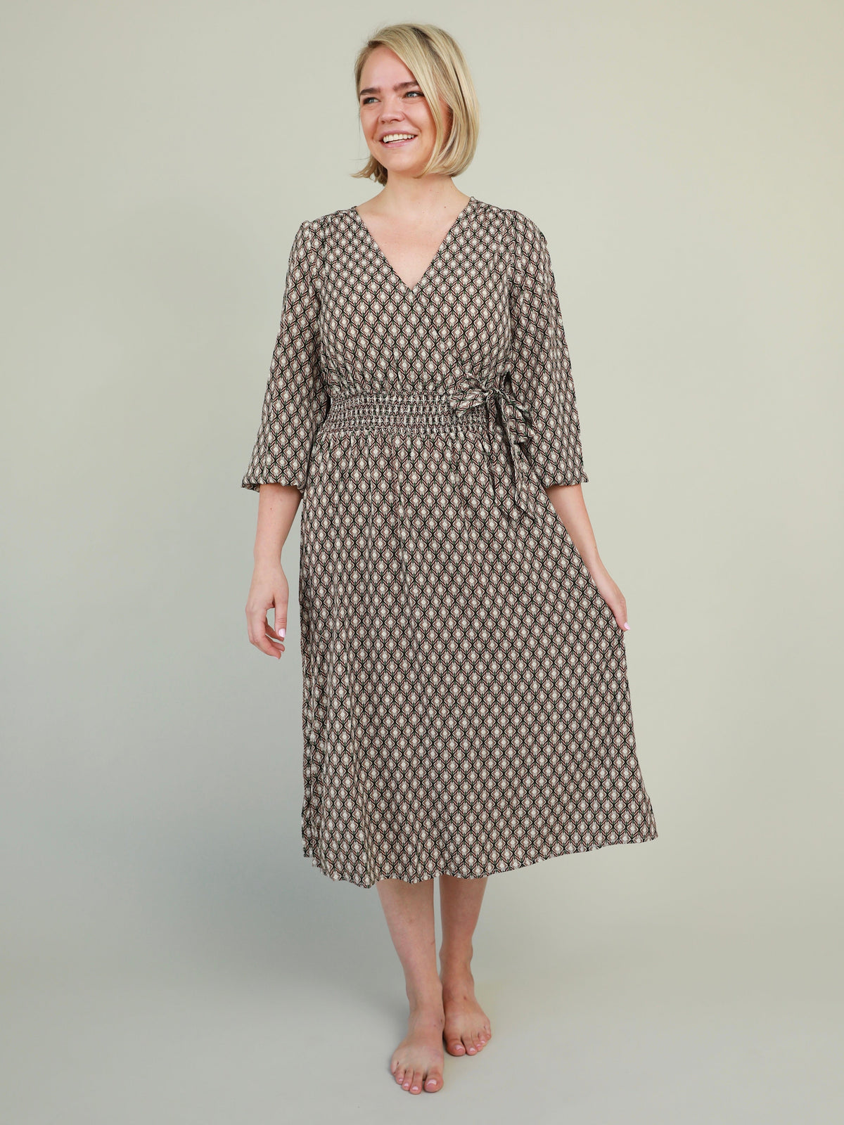 Printed Smocked Waist V-Neck Midi Dress
