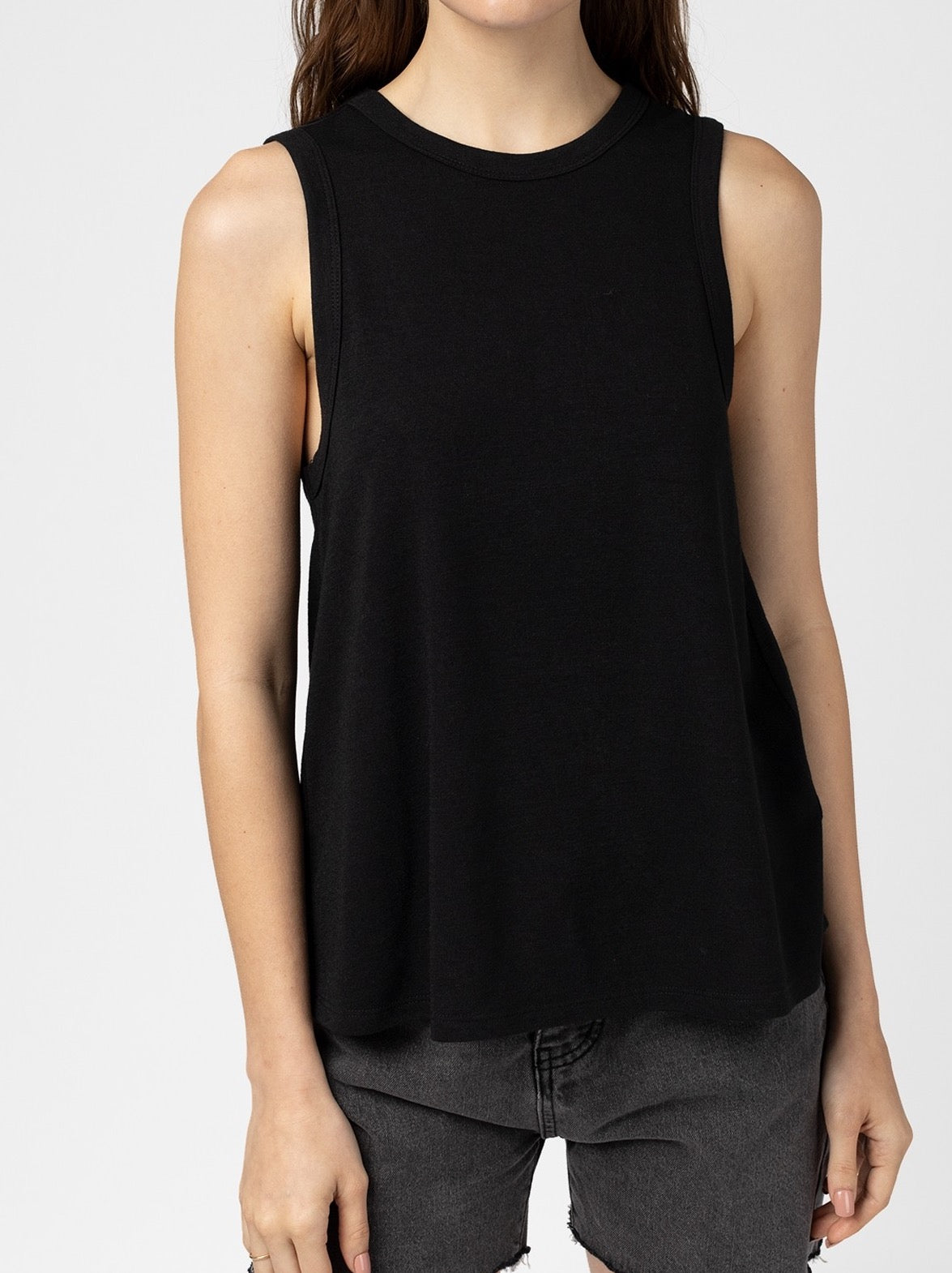 Round Neck Flare Hem Black Tank